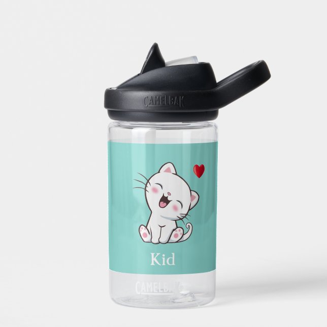 Cute Kitty Chat & Coeur sur une bouteille d'eau bl (Gauche)