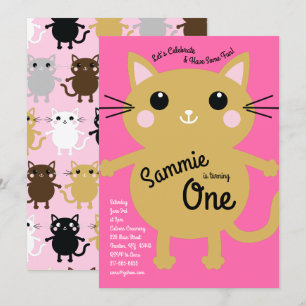 Cute Kitty Chat coloré 1er anniversaire Invitation