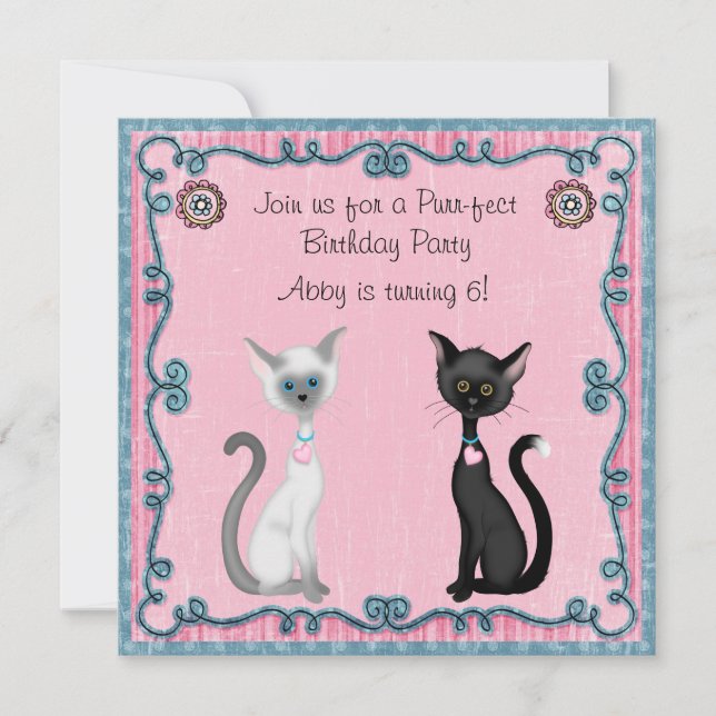 Cute Kitty Chat Invitation Anniversaire ~ Filles (Devant)