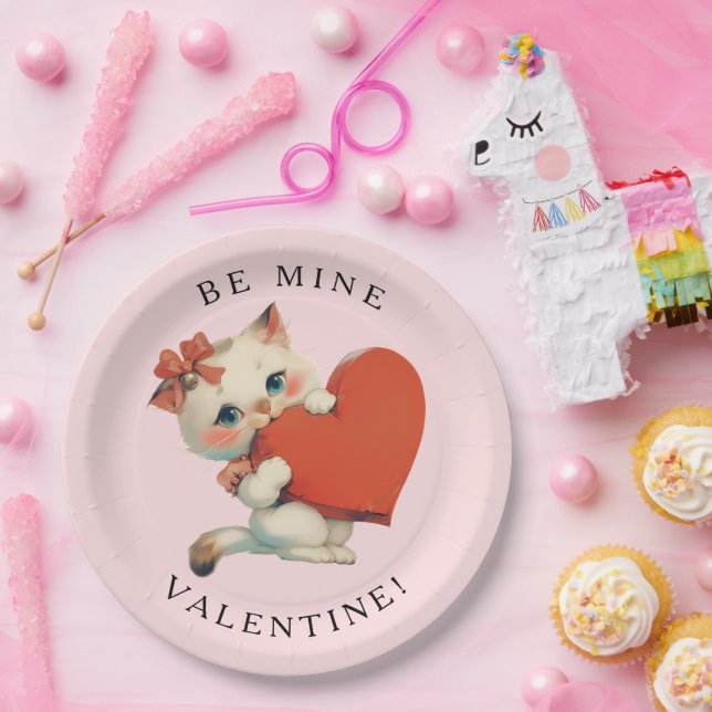 Cute Kitty Vintage Be Mine Valentine Pappteller (Party)