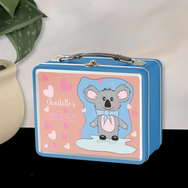 Cute Koala Avec Coeurs Girl Lunchbox en métal (Cute koala with heart kid metal lunchbox with name .)