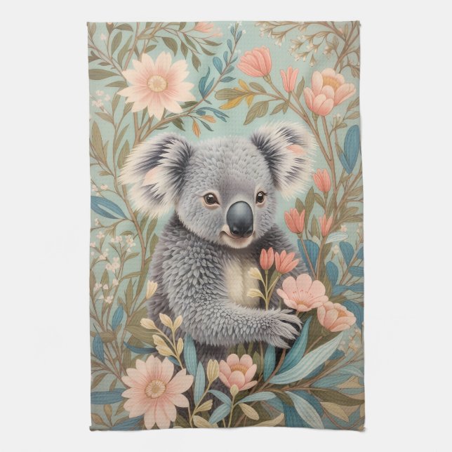 Cute Koala Elegant Pastel Floral Geschirrtuch (Vertikal)