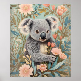 Cute Koala Elegant Pastel Floral Poster