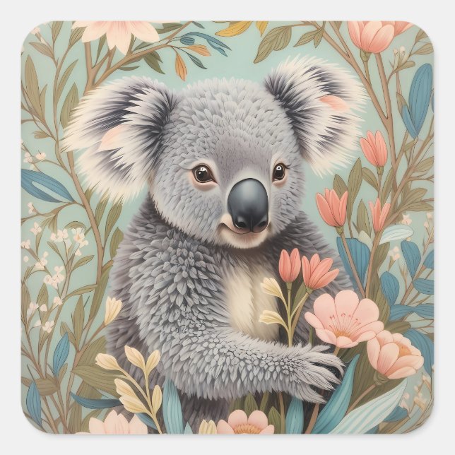 Cute Koala Elegant Pastel Floral Quadratischer Aufkleber (Vorderseite)