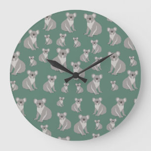 Cute Koala Eucalyptus Green Pattern   Große Wanduhr