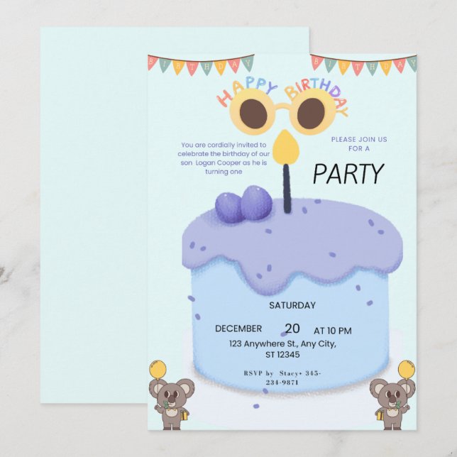 Cute Koala First Birthday Invitation - Customizabl (Devant / Derrière)