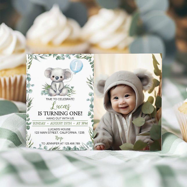 Cute Koala Vert Anniversaire Photo Invitation (Créateur téléchargé)