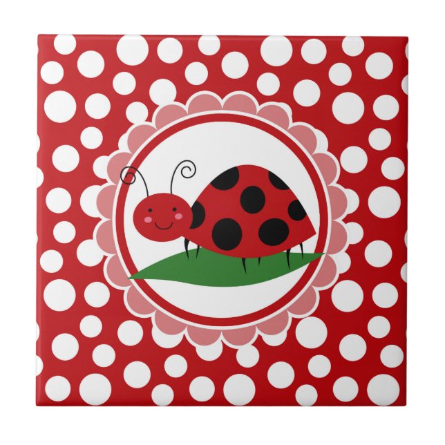 Cute Ladybug On A Leaf - Girls Red Black Fliese (Vorderseite)