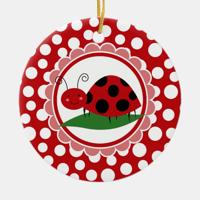 Cute Ladybug On A Leaf - Girls Red Black Keramik Ornament (Vorne)