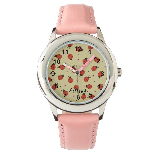 Cute Ladybugs & Custom Name on Light Yellow Armbanduhr (Vorderseite)