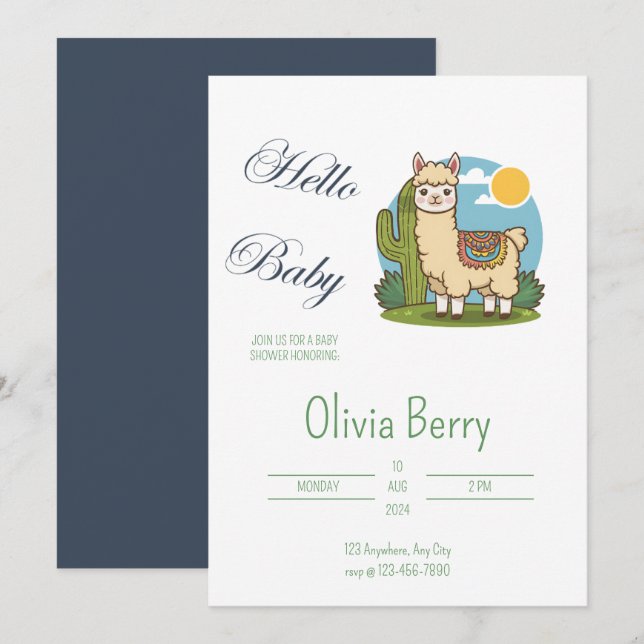Cute Lama Fiesta Thème Baby shower Invitation (Devant / Derrière)
