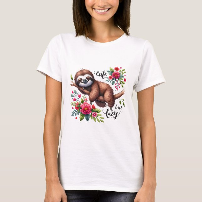 Cute Lazy Sloth Flowers T-Shirt (Vorderseite)