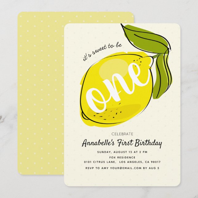 Cute Lemon 1er Anniversaire Invitation à la fête J (Devant / Derrière)