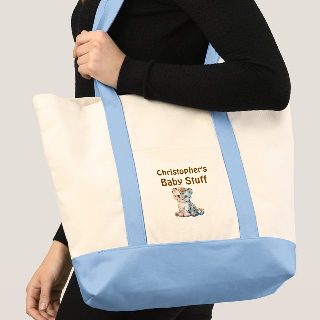 Cute leopard baby stuff name blue brown tragetasche (Von Creator hochgeladen)