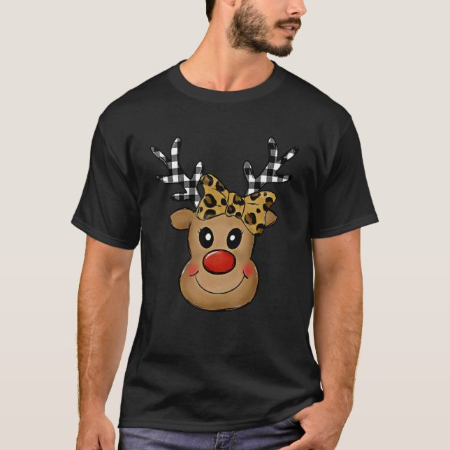 Cute Leopard Plaid Reindeer Christmas  For Kids Gi T-Shirt (Vorderseite)