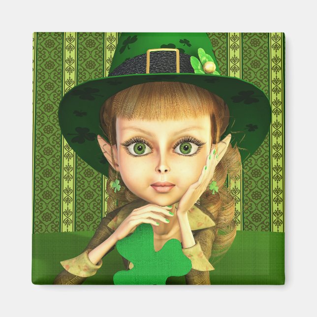 Cute Leprechaun Shamrock Girl Magnet (Devant)