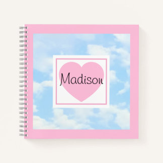 Cute Light Blue Cloudy Sky Pink Heart Custom Name Notizbuch