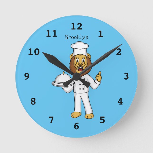Cute lion chef cartoon illustration runde wanduhr (Vorderseite)