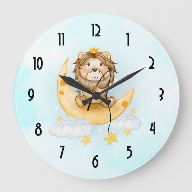 Cute Lion Fishing on the Moon Watercolor Große Wanduhr (Vorderseite)