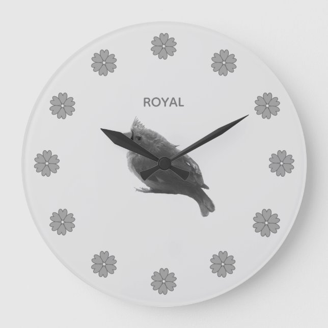 Cute Little Bird & Flowers on Silver Gray Große Wanduhr (Vorderseite)