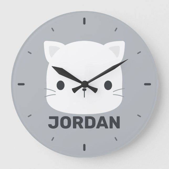 Cute Little Cat with Personalized Name Large Clock Große Wanduhr (Vorderseite)