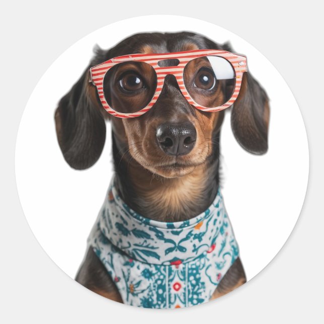Cute Little Dachshund With Red Glasses Runder Aufkleber (Vorderseite)
