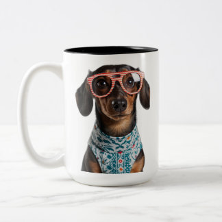 Cute Little Dachshund With Red Glasses Zweifarbige Tasse