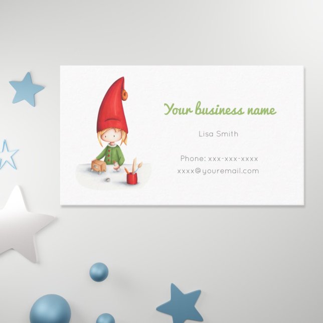 Cute little elf working making toys Business Card Visitenkarte (Cute and simple business card for the upcoming Christmas season with an elf making toys. )