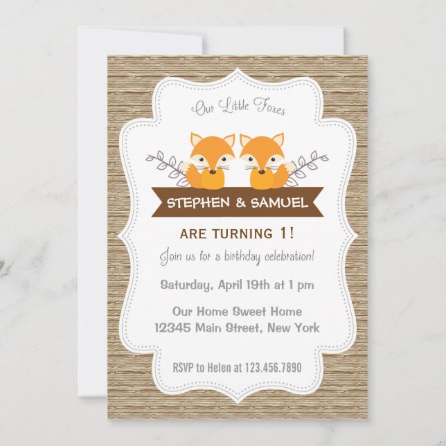 Cute Little Foxes Anniversaire Invitation Bois (Devant)