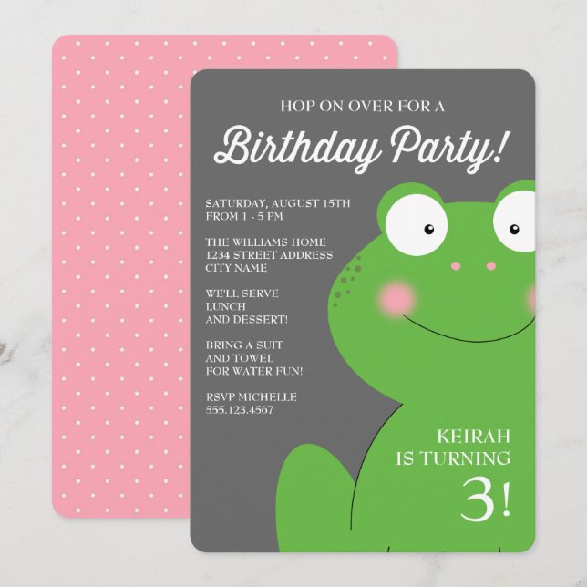 Cute Little Froggy Anniversaire Invitation / Rose (Devant / Derrière)