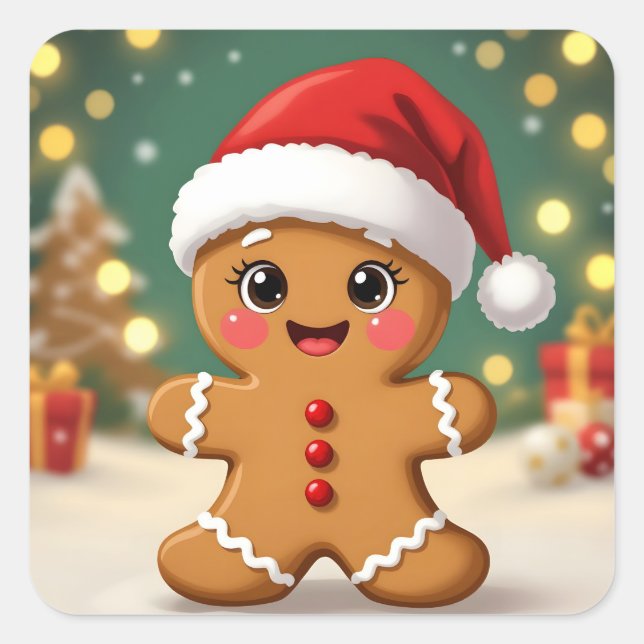Cute little gingerbread man with Christmas hat Quadratischer Aufkleber (Vorderseite)