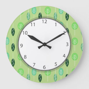 Cute Little Green Trees Grey Numbers Große Wanduhr