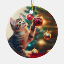 Cute Little Kitten Playing With Christmas Bulb Keramik Ornament