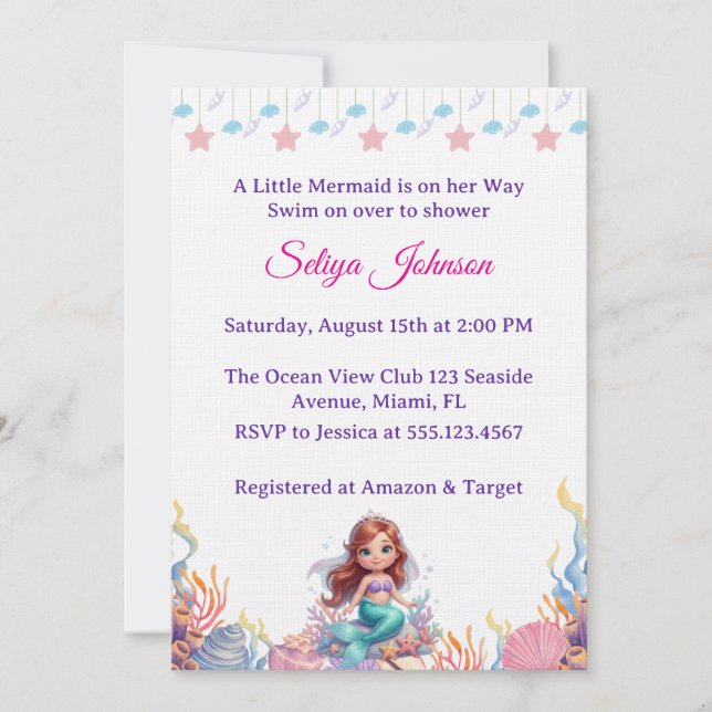 Cute Little Mermaid Under the Sea Girl Baby Shower Einladung (Vorderseite)