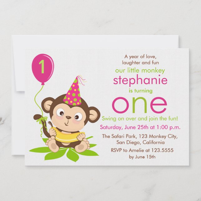 Cute Little Monkey First Birthday Invitation (Devant)