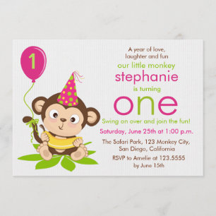 Cute Little Monkey First Birthday Invitation
