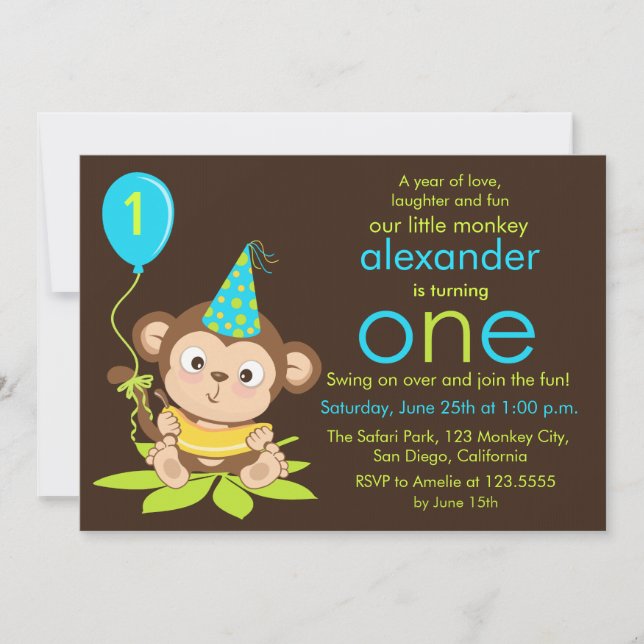 Cute Little Monkey First Birthday Invitation (Devant)