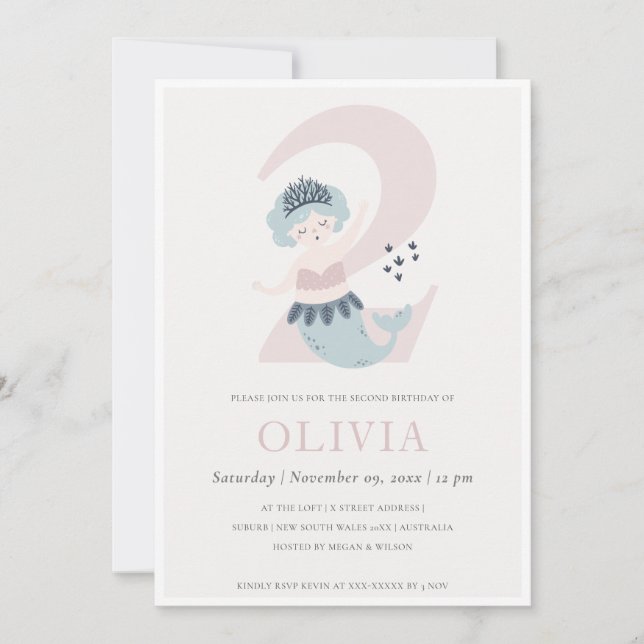 Cute Little Pink Blue Mermaid 2e Invitation d'anni (Devant)