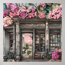 Cute little shop in a village with pink flowers  poster