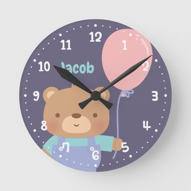 Cute Little Teddy Bear With Balloon, Baby Nursery Runde Wanduhr (Vorderseite)