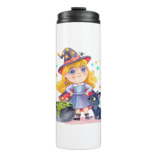 Cute little witch and black cat thermosbecher