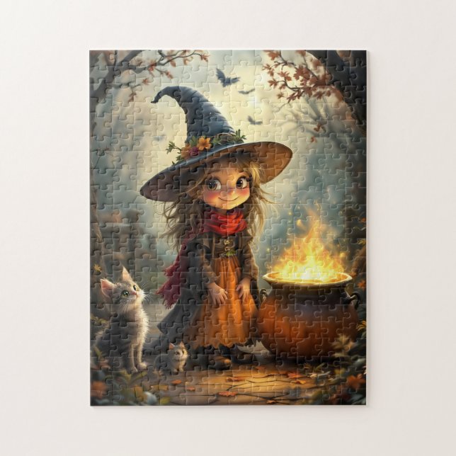 Cute little witch in forest with witch's cauldron (Vertikal)