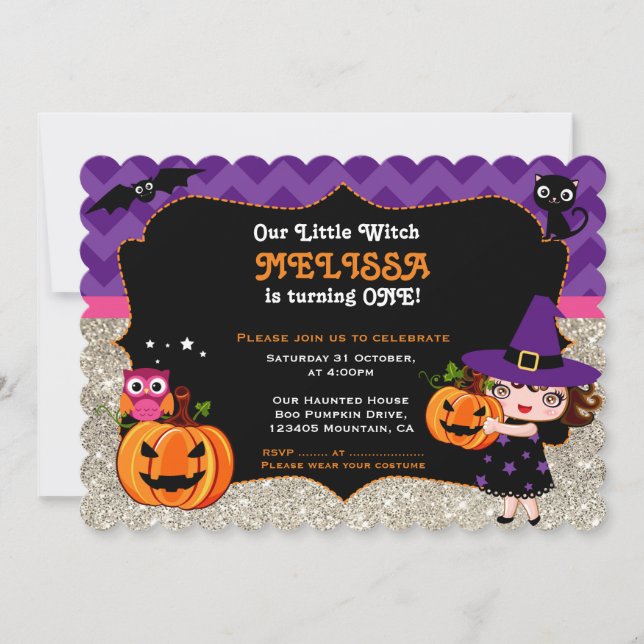 Cute Little Witch Première invitation Anniversaire (Devant)