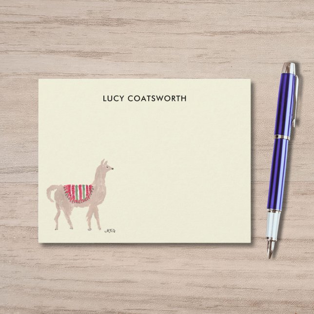 Cute Llama Boho Hand-Painted Personalized Cream Mitteilungskarte (This notecard shows a cute llama wearing a red blanket -- my own original watercolor art.)