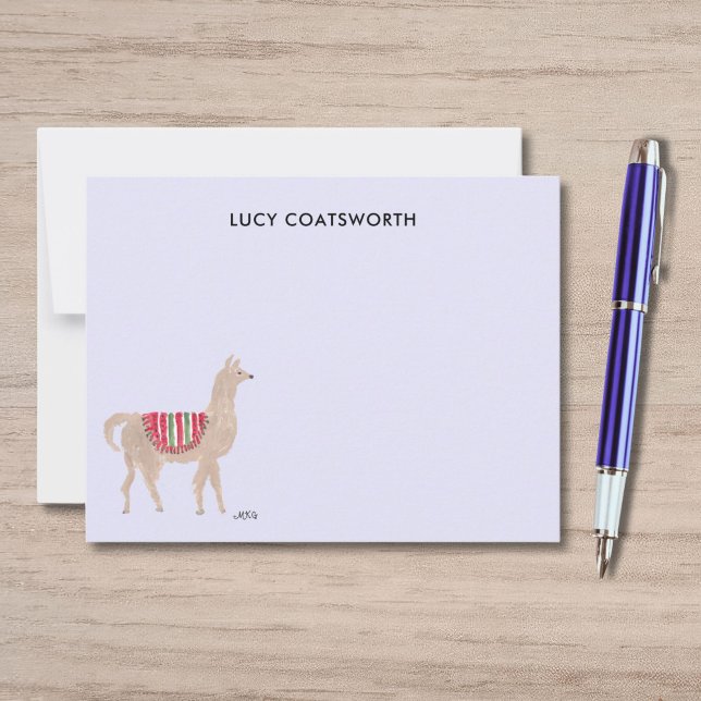 Cute Llama Boho Hand-Painted Personalized Farm Mitteilungskarte (These lavender llama thank you notes feature my own artwork of a cute llama wearing a red blanket.)