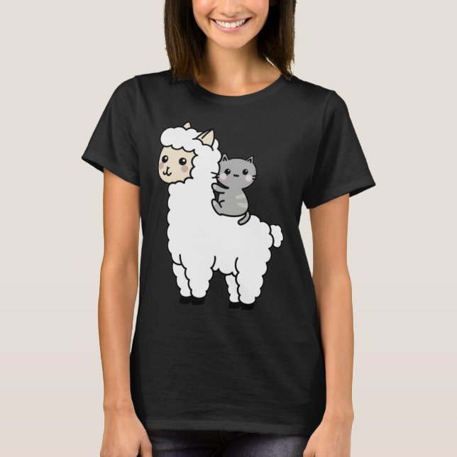 Cute Llama Cat Best Friends T-Shirt (Vorderseite)