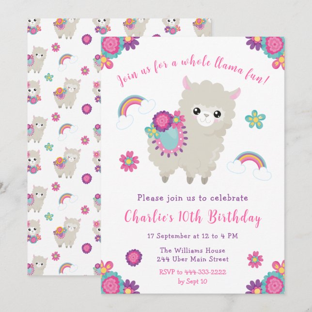 Cute Llama Floral Invitation Anniversaire (Devant / Derrière)