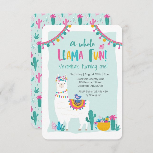 Cute Llama fun cactus Anniversaire Invitation (Devant / Derrière)