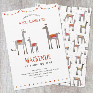 Cute Llama Fun First Birthday Invitation Einladung