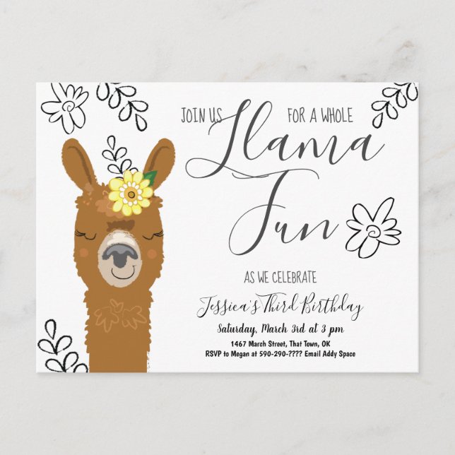 Cute Llama Fun Girls Birthday Party Invitation (Devant)